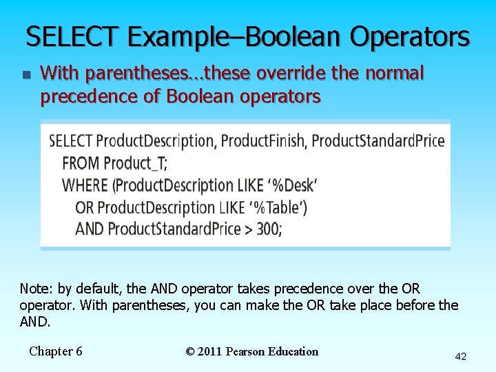 SELECT Example–Boolean Operators n With parentheses…these override the normal precedence of Boolean operators Note: