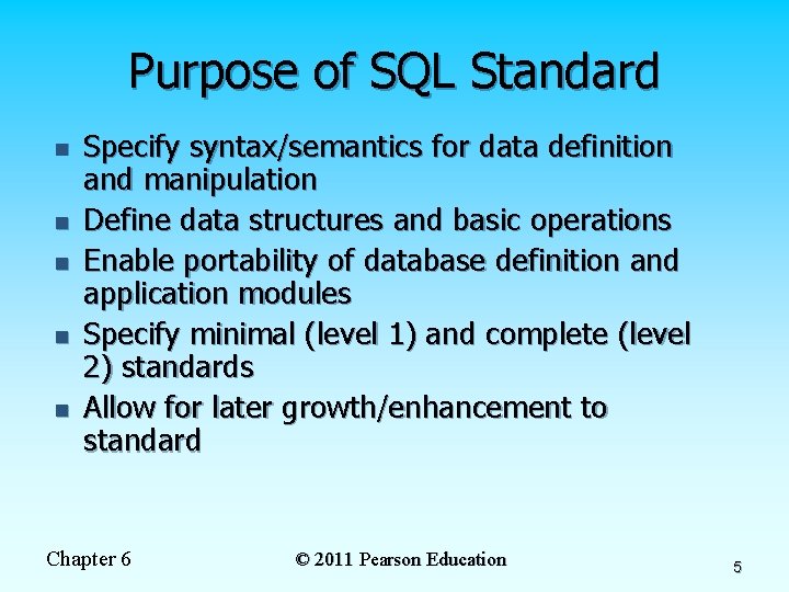 Purpose of SQL Standard n n n Specify syntax/semantics for data definition and manipulation