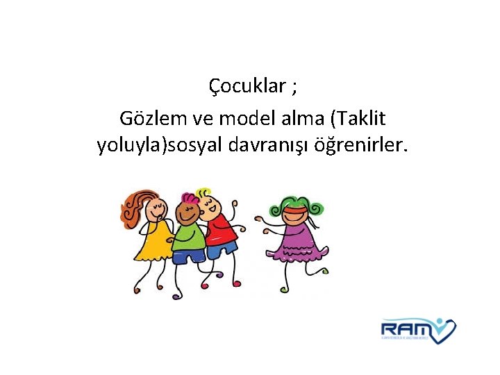 Çocuklar ; Gözlem ve model alma (Taklit yoluyla)sosyal davranışı öğrenirler. 