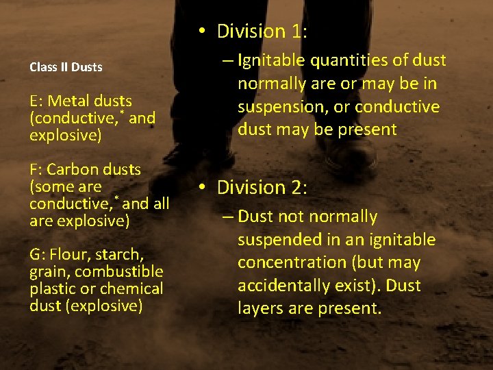  • Division 1: Class II Dusts E: Metal dusts (conductive, * and explosive)