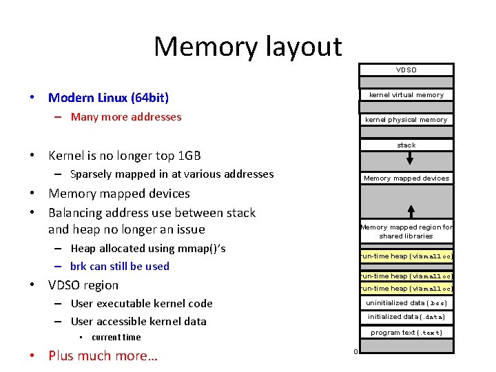 Memory layout VDSO • Modern Linux (64 bit) kernel virtual memory – Many more Memory layout VDSO • Modern Linux (64 bit) kernel virtual memory – Many more