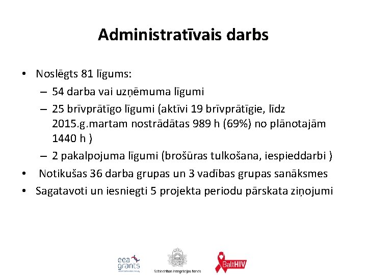 Administratīvais darbs • Noslēgts 81 līgums: – 54 darba vai uzņēmuma līgumi – 25