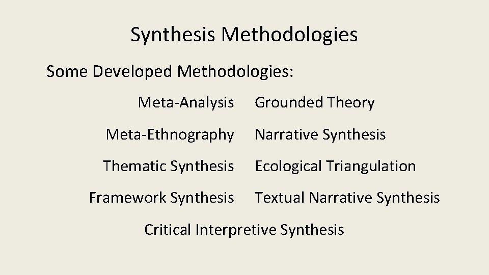 Synthesis Methodologies Some Developed Methodologies: Meta-Analysis Grounded Theory Meta-Ethnography Narrative Synthesis Thematic Synthesis Ecological