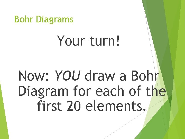 Bohr Diagrams Your turn! Now: YOU draw a Bohr Diagram for each of the