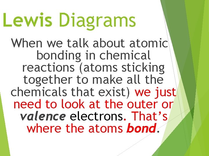 Lewis Diagrams When we talk about atomic bonding in chemical reactions (atoms sticking together