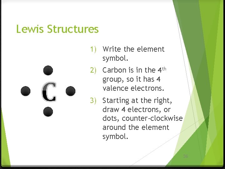 Lewis Structures 1) Write the element symbol. 2) Carbon is in the 4 th
