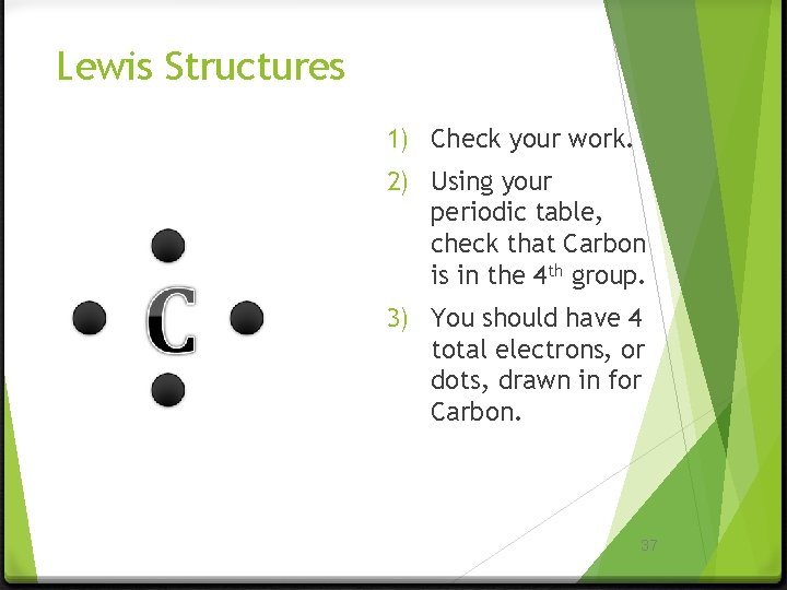 Lewis Structures 1) Check your work. 2) Using your periodic table, check that Carbon