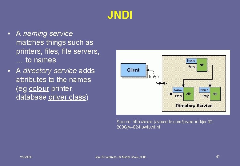 JNDI • A naming service matches things such as printers, file servers, … to