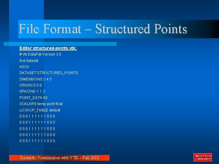 File Format – Structured Points Editor structured-points. vtk: # vtk Data. File Version 3.