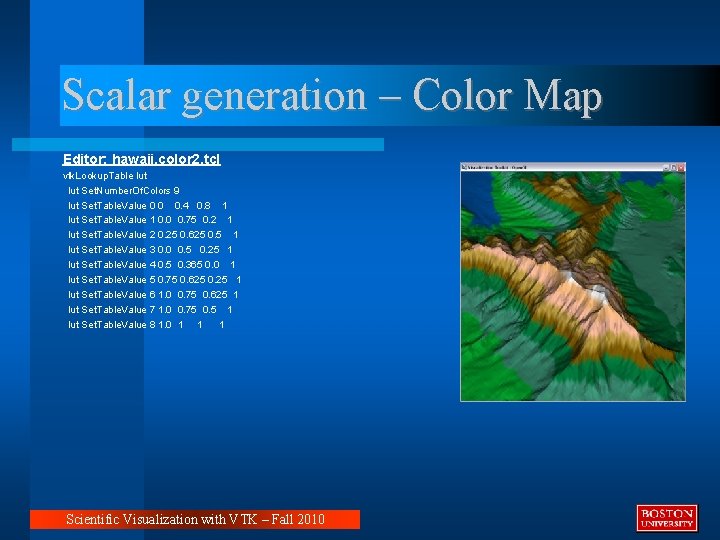 Scalar generation – Color Map Editor: hawaii. color 2. tcl vtk. Lookup. Table lut