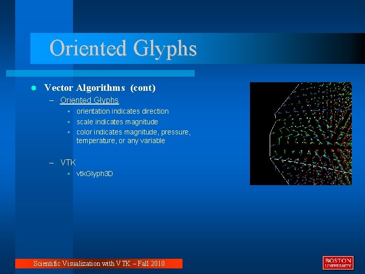 Oriented Glyphs Vector Algorithms (cont) – Oriented Glyphs • orientation indicates direction • scale