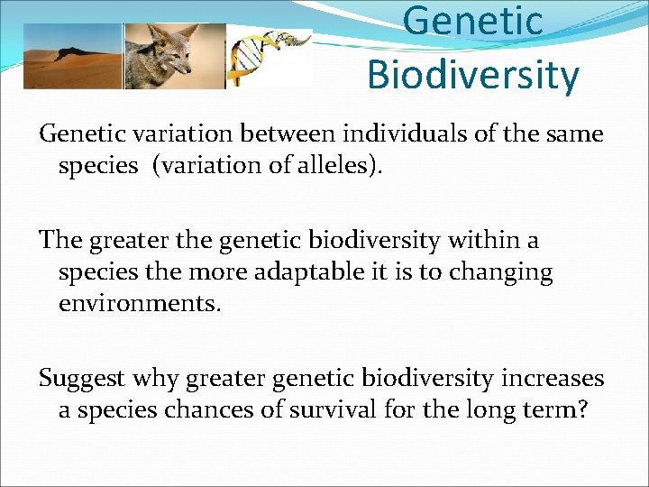 Genetic Biodiversity Genetic variation between individuals of the same species (variation of alleles). The