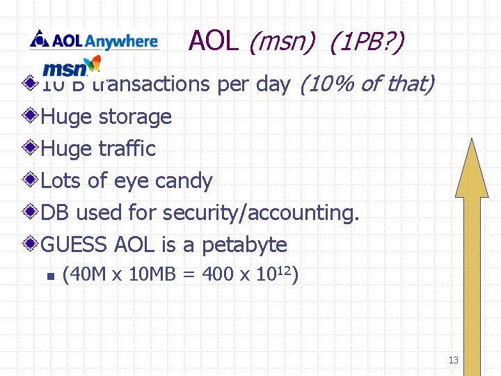 AOL (msn) (1 PB? ) 10 B transactions per day (10% of that) Huge