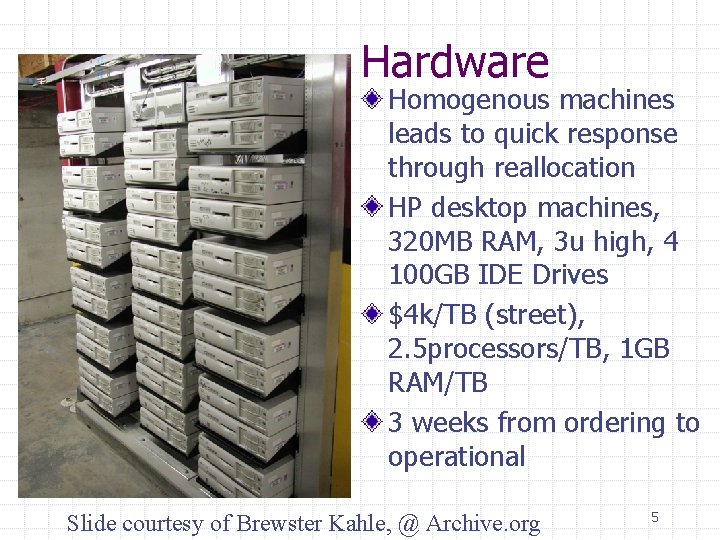Hardware Homogenous machines leads to quick response through reallocation HP desktop machines, 320 MB