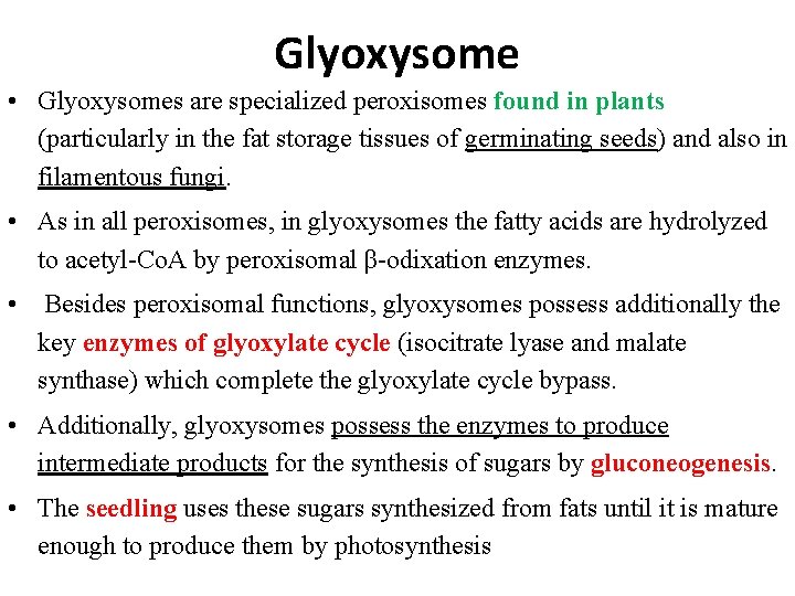 Glyoxysome • Glyoxysomes are specialized peroxisomes found in plants (particularly in the fat storage