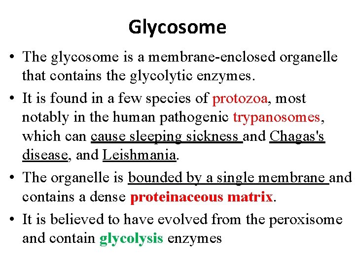 Glycosome • The glycosome is a membrane-enclosed organelle that contains the glycolytic enzymes. •