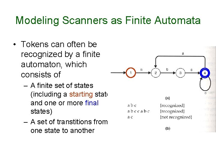 Modeling Scanners as Finite Automata • Tokens can often be recognized by a finite