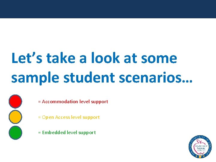Let’s take a look at some sample student scenarios… = Accommodation level support =