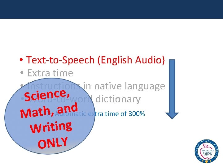  • Text-to-Speech (English Audio) • Extra time • Instructions in native language ,