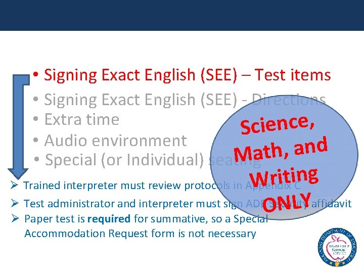  • Signing Exact English (SEE) – Test items • Signing Exact English (SEE)