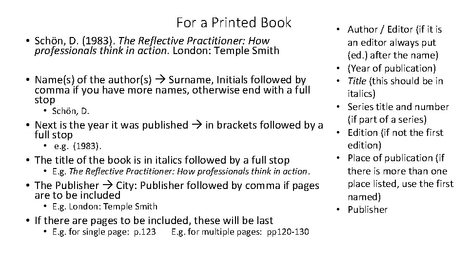 For a Printed Book • Schön, D. (1983). The Reflective Practitioner: How professionals think