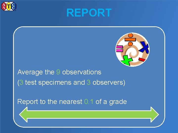 REPORT Average the 9 observations (3 test specimens and 3 observers) Report to the