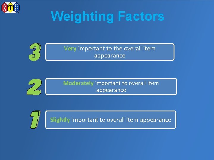 Weighting Factors Very important to the overall item appearance Moderately important to overall item