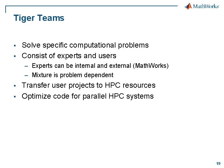 Tiger Teams § § Solve specific computational problems Consist of experts and users –