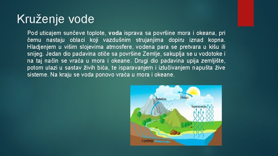 Kruženje vode Pod uticajem sunčeve toplote, voda isprava sa površine mora i okeana, pri