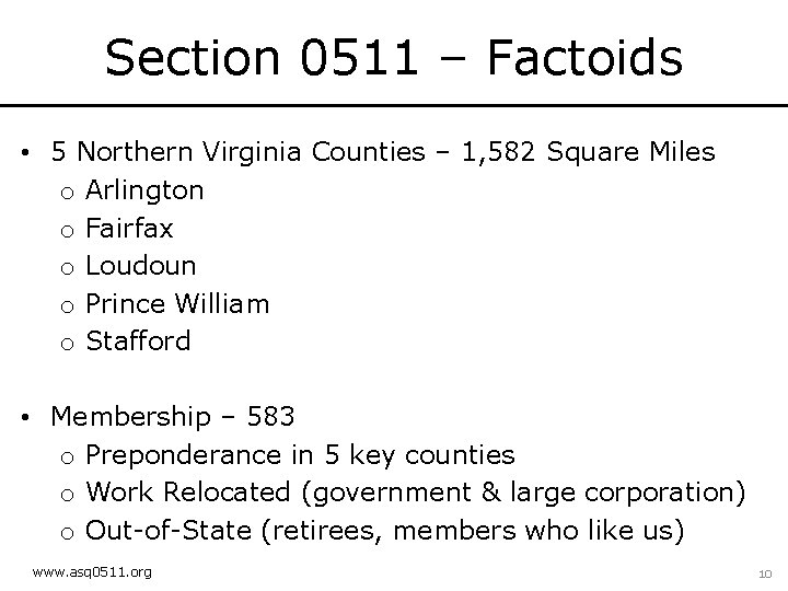 Section 0511 – Factoids • 5 Northern Virginia Counties – 1, 582 Square Miles