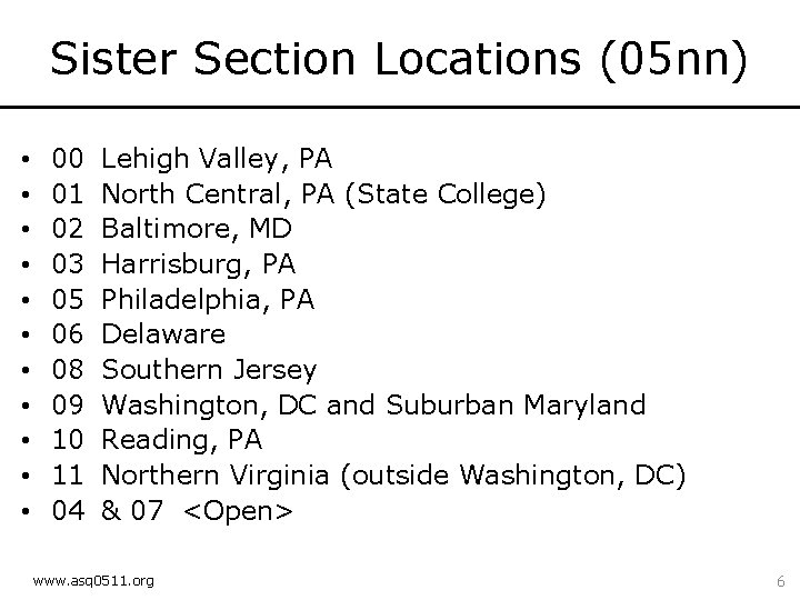 Sister Section Locations (05 nn) • • • 00 01 02 03 05 06