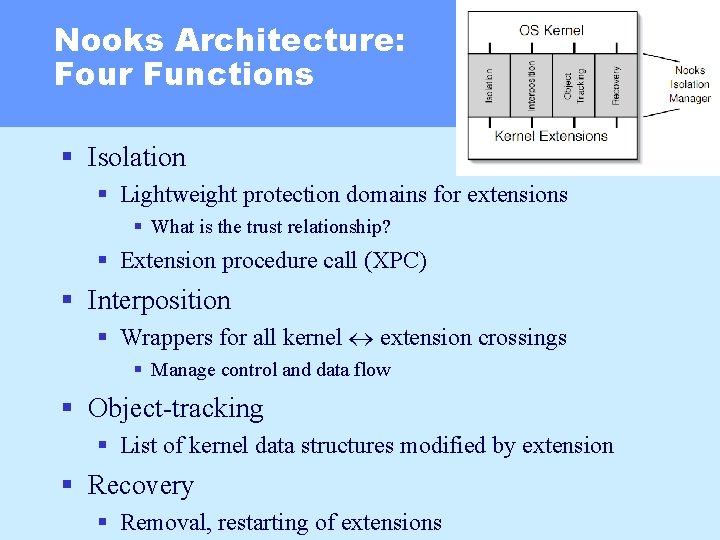 Nooks Architecture: Four Functions § Isolation § Lightweight protection domains for extensions § What