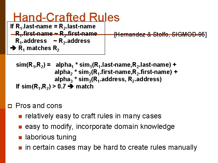 Hand-Crafted Rules If R 1. last-name = R 2. last-name R 1. first-name ~