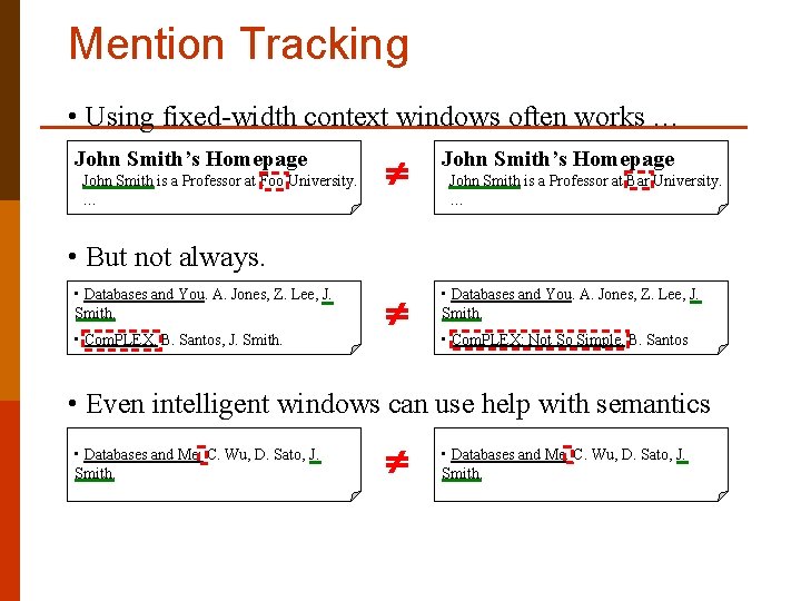 Mention Tracking • Using fixed-width context windows often works … John Smith’s Homepage John