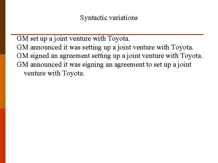 Syntactic variations GM set up a joint venture with Toyota. GM announced it was