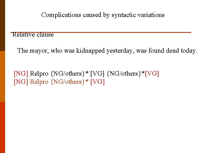 Complications caused by syntactic variations Relative clause The mayor, who was kidnapped yesterday, was