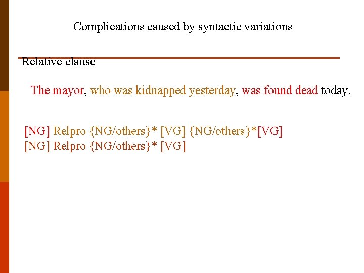 Complications caused by syntactic variations Relative clause The mayor, who was kidnapped yesterday, was