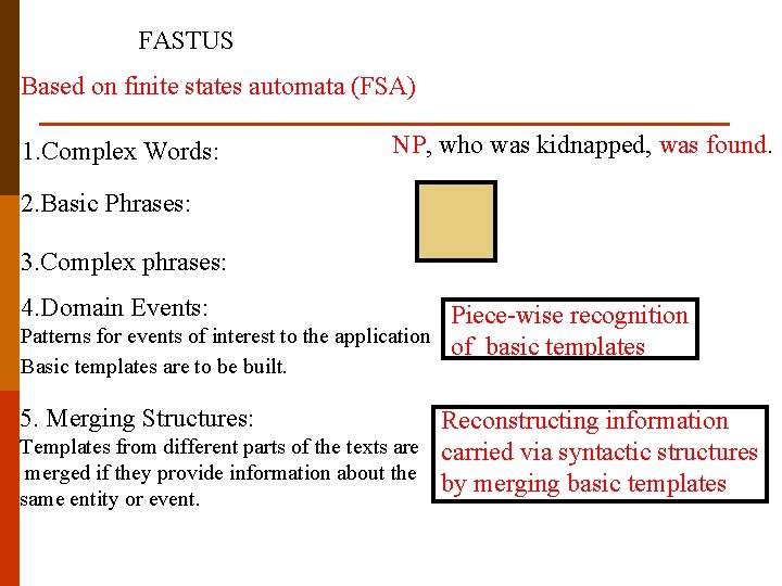 FASTUS Based on finite states automata (FSA) 1. Complex Words: NP, who was kidnapped,