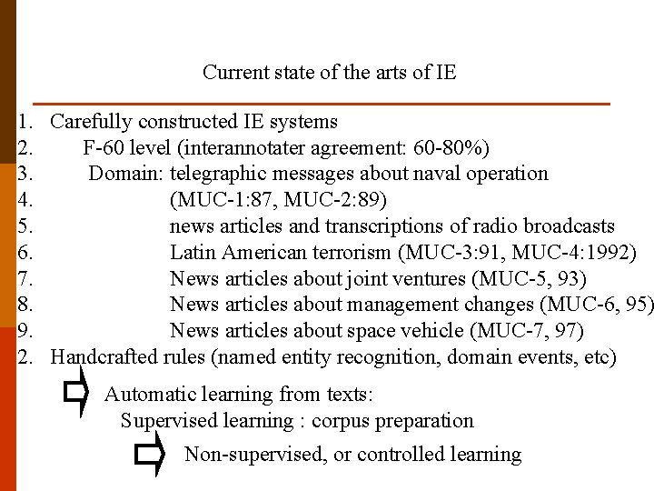 Current state of the arts of IE 1. Carefully constructed IE systems 2. F-60