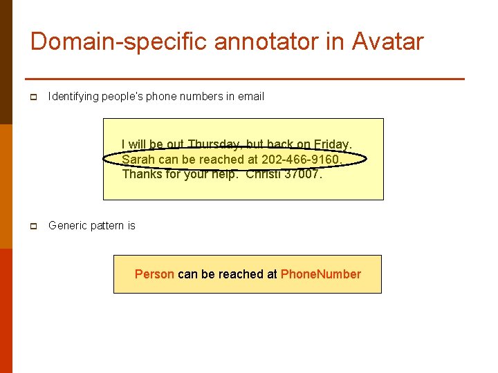 Domain-specific annotator in Avatar p Identifying people’s phone numbers in email I will be