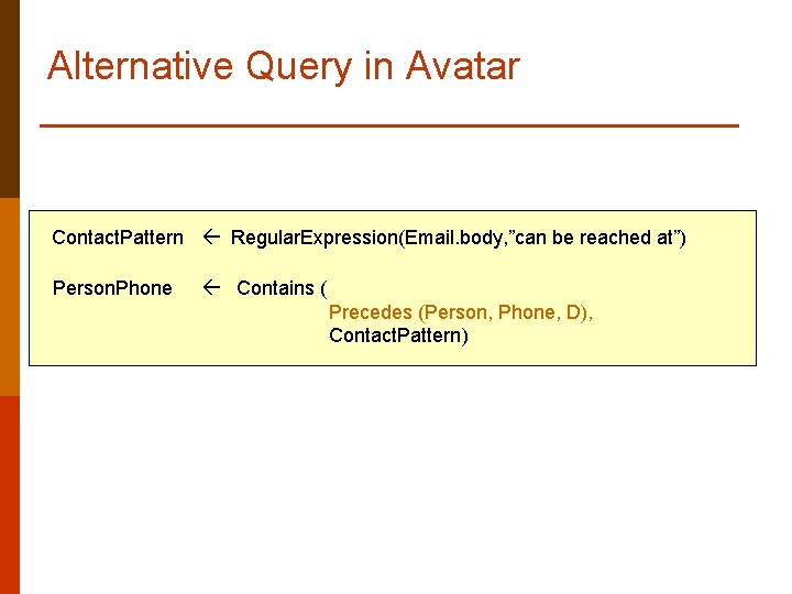 Alternative Query in Avatar Contact. Pattern Regular. Expression(Email. body, ”can be reached at”) Person.