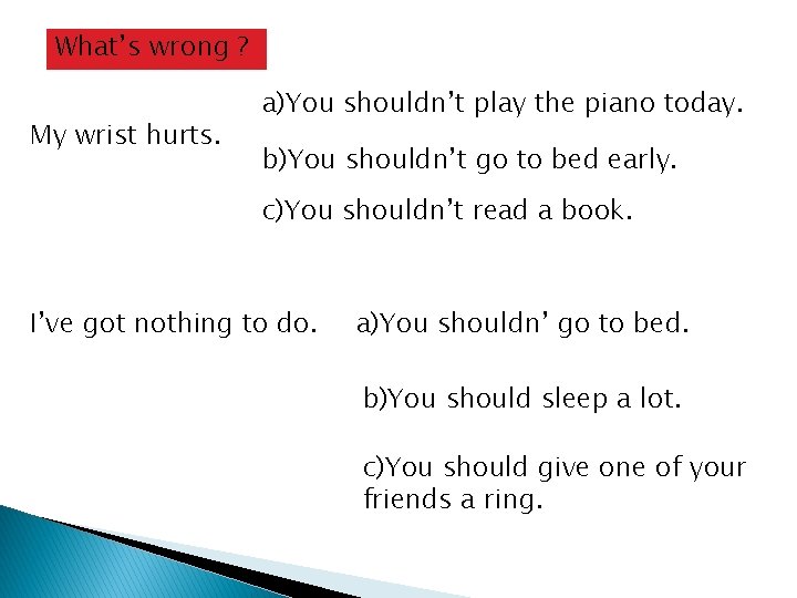 What’s wrong ? My wrist hurts. a)You shouldn’t play the piano today. b)You shouldn’t