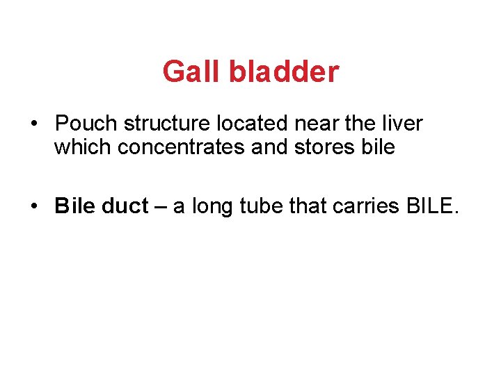 Gall bladder • Pouch structure located near the liver which concentrates and stores bile Gall bladder • Pouch structure located near the liver which concentrates and stores bile