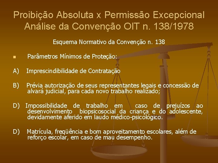 Proibição Absoluta x Permissão Excepcional Análise da Convenção OIT n. 138/1978 Esquema Normativo da