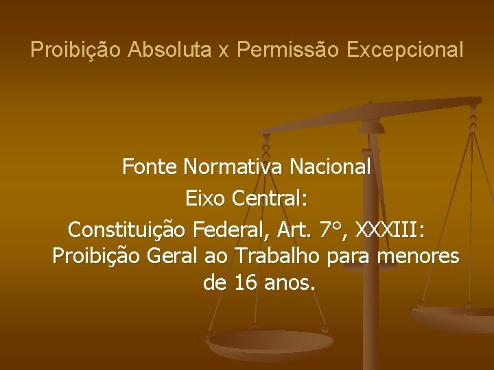 Proibição Absoluta x Permissão Excepcional Fonte Normativa Nacional Eixo Central: Constituição Federal, Art. 7°,