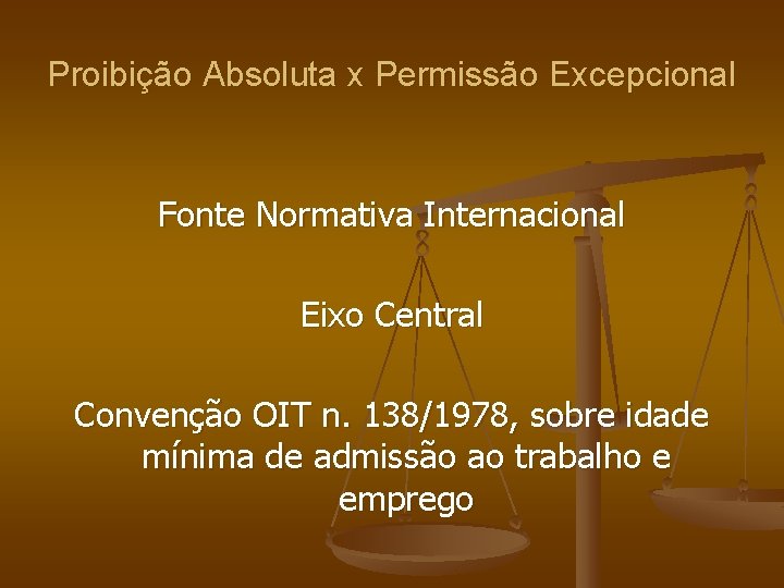 Proibição Absoluta x Permissão Excepcional Fonte Normativa Internacional Eixo Central Convenção OIT n. 138/1978,