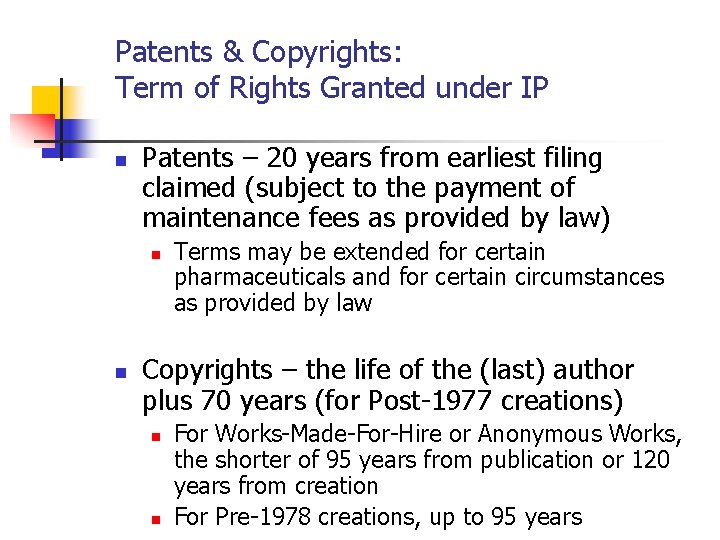 Patents & Copyrights: Term of Rights Granted under IP n Patents – 20 years