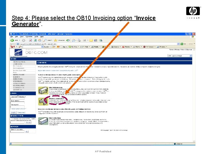 Step 4: Please select the OB 10 Invoicing option “Invoice Generator”. HP Restricted 