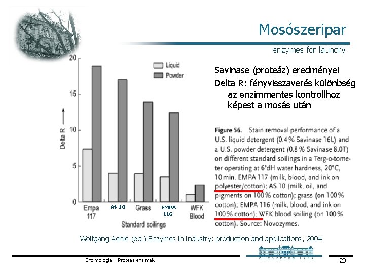 Mosószeripar enzymes for laundry Savinase (proteáz) eredményei Delta R: fényvisszaverés különbség az enzimmentes kontrollhoz