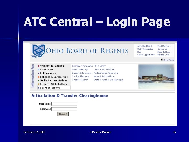 ATC Central – Login Page February 22, 2007 TAG Point Persons 25 